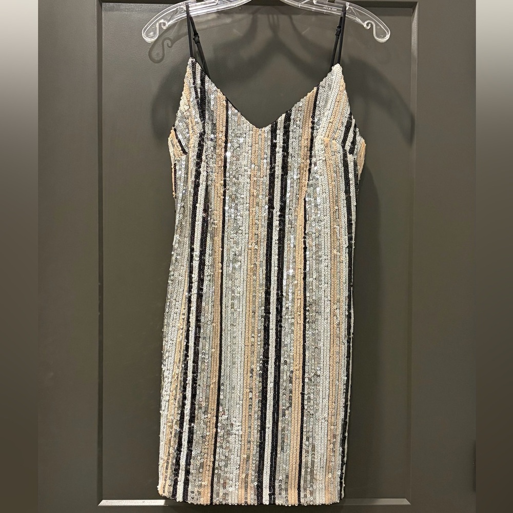 Lush Sequin Striped Mini Dress with Adjustable Spaghetti Straps